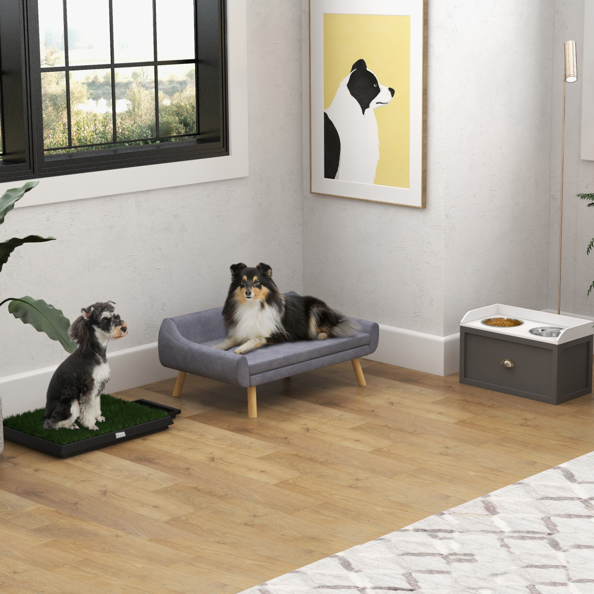 Signature Dog Sofa Bed(PawHut Series) Raised Couch with Wooden Frame and Soft Cushion, Grey