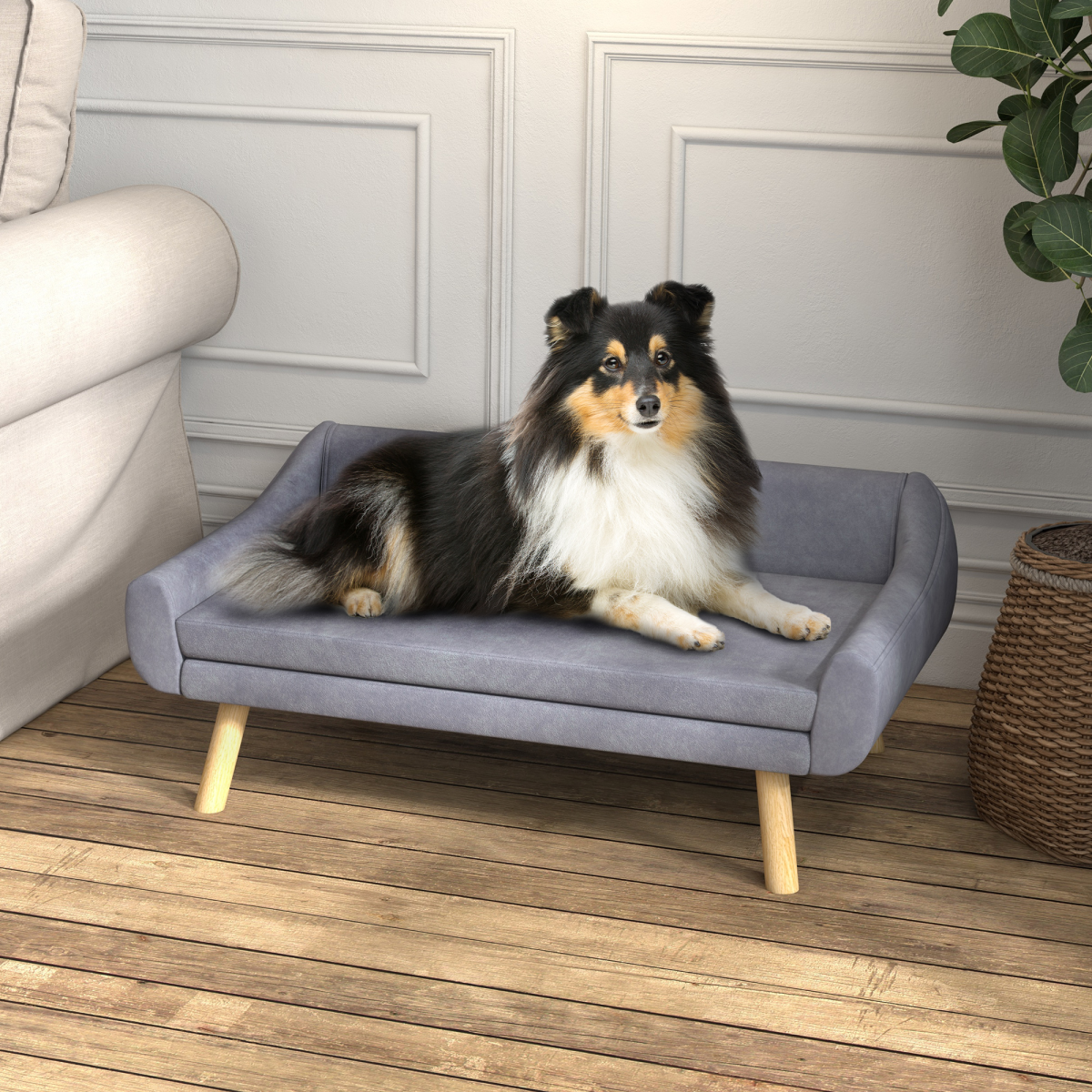 Signature Dog Sofa Bed(PawHut Series) Raised Couch with Wooden Frame and Soft Cushion, Grey