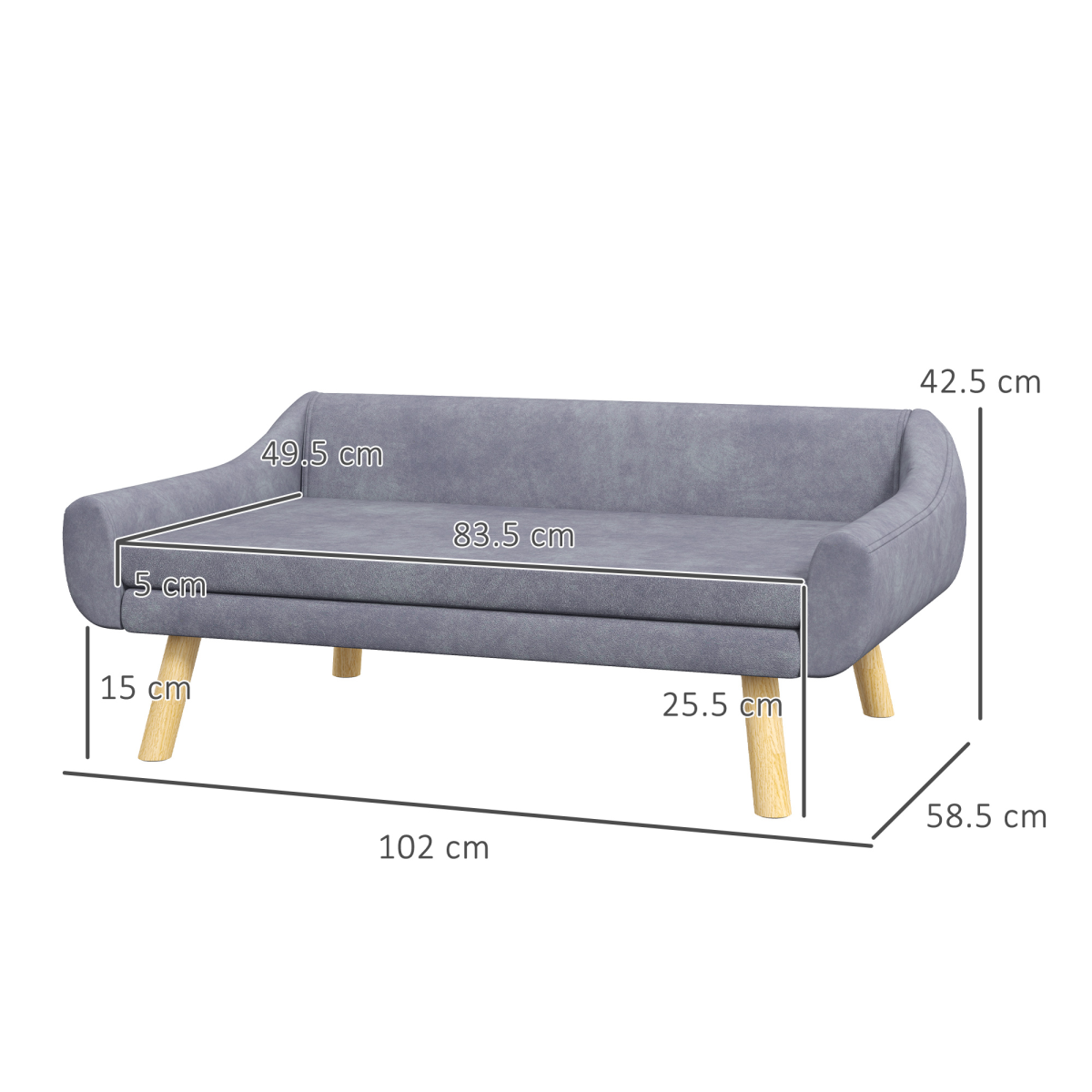 Signature Dog Sofa Bed(PawHut Series) Raised Couch with Wooden Frame and Soft Cushion, Grey