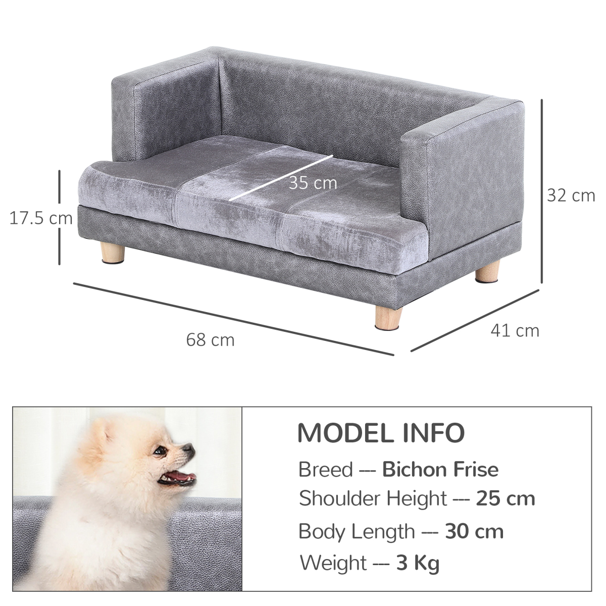 Comfy Dog Sofa Bed Kitten Couch Lounge for Small-Sized Dogs, Soft Padded - Grey