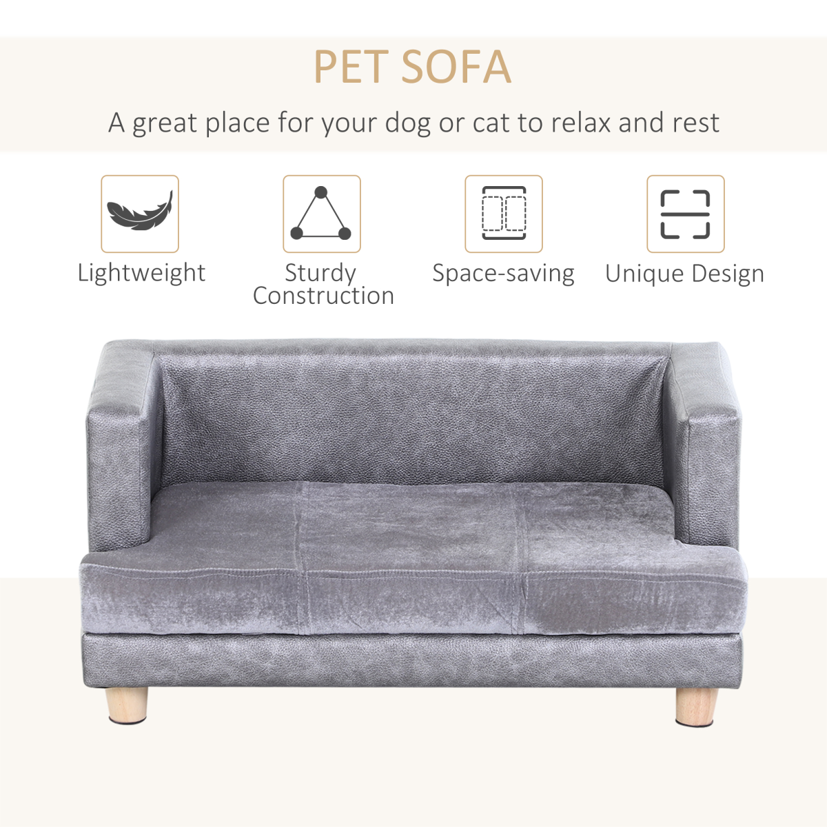 Comfy Dog Sofa Bed Kitten Couch Lounge for Small-Sized Dogs, Soft Padded - Grey