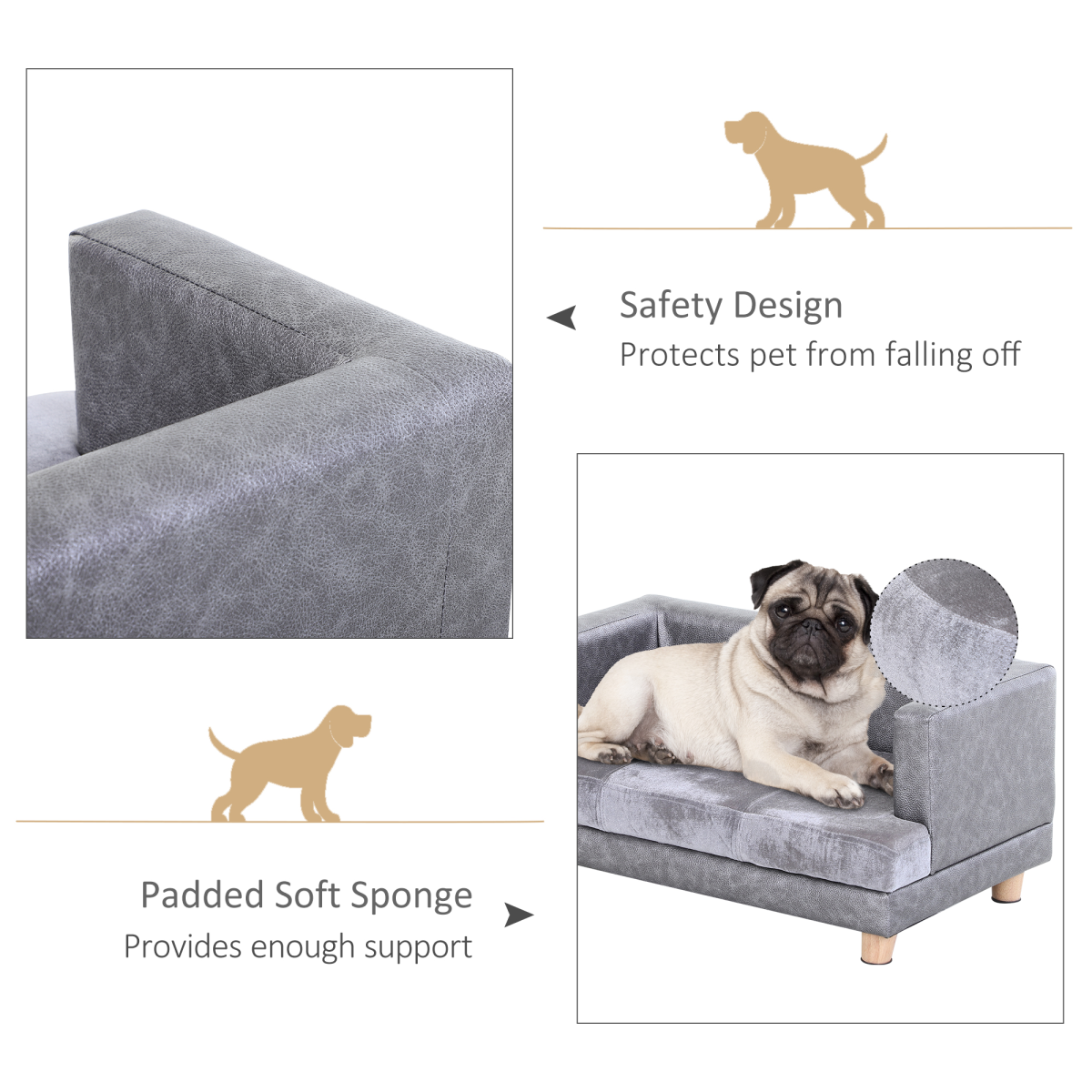 Comfy Dog Sofa Bed Kitten Couch Lounge for Small-Sized Dogs, Soft Padded - Grey