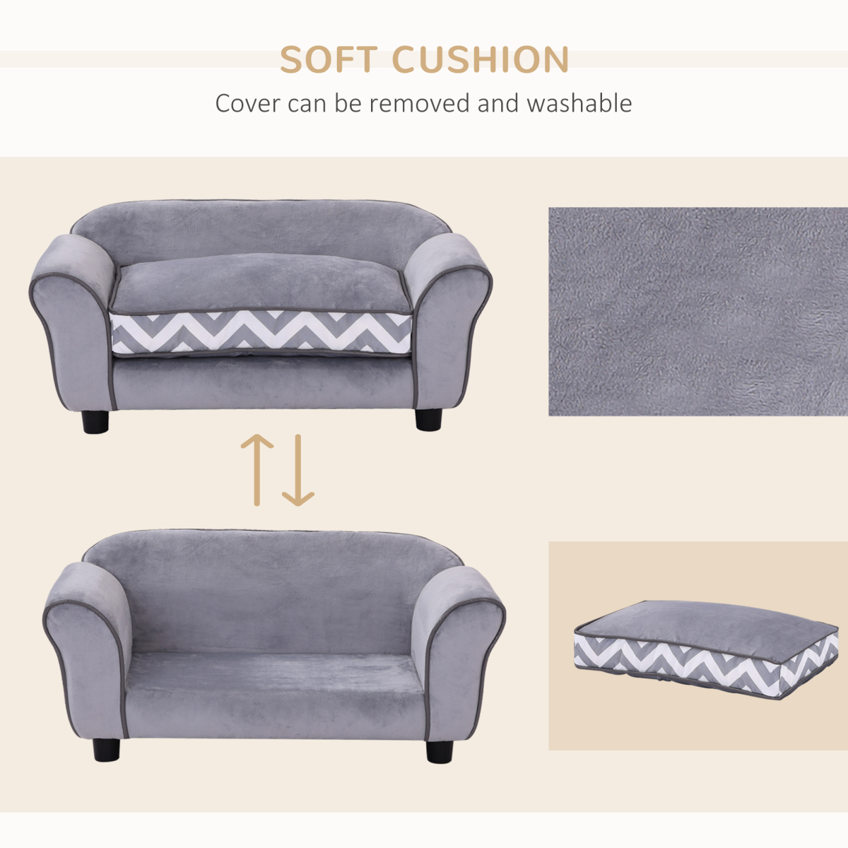Deluxe Dog Sofa Cat Couch Bed for XS Dogs w/ Removable Sponge Cushion(PawHut Series) - Grey