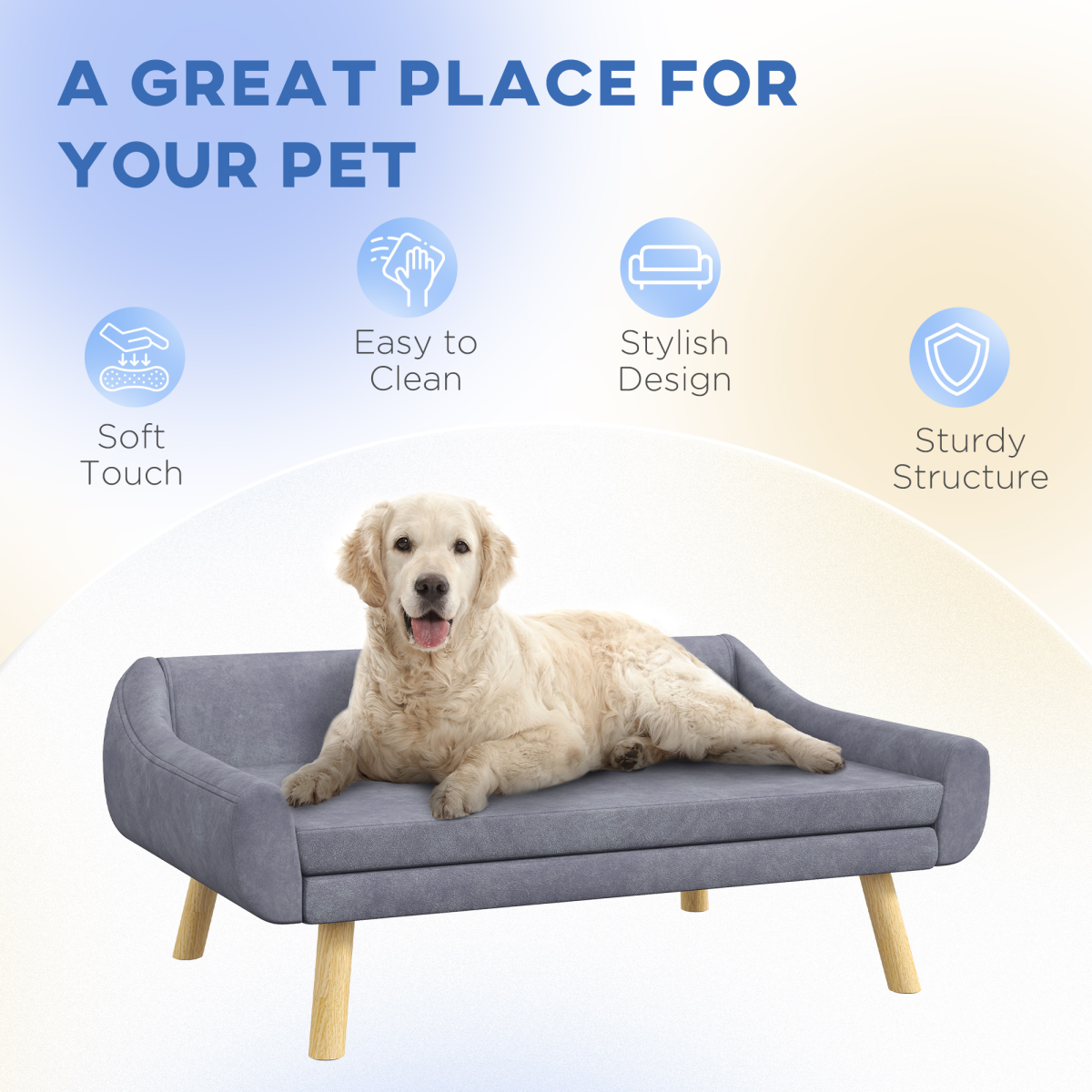 Signature Dog Sofa Bed(PawHut Series) Raised Couch with Wooden Frame and Soft Cushion, Grey
