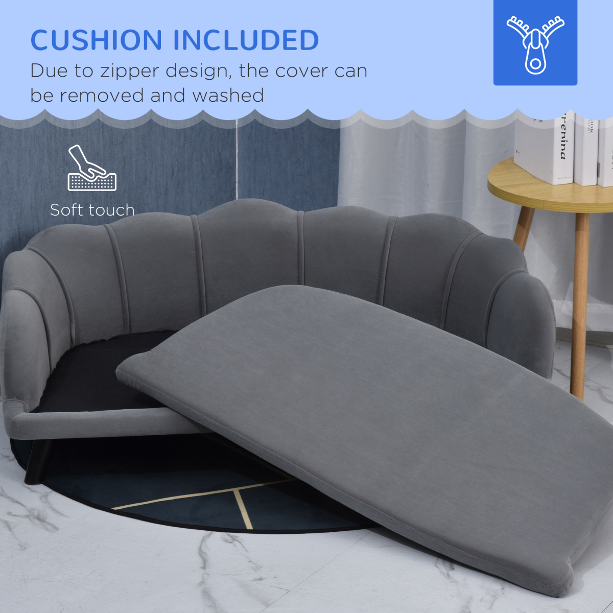 Premium Dog Sofa(Paw Series), Pet Couch Bed for Medium, Large Dogs w/ Legs, Cushion - Grey